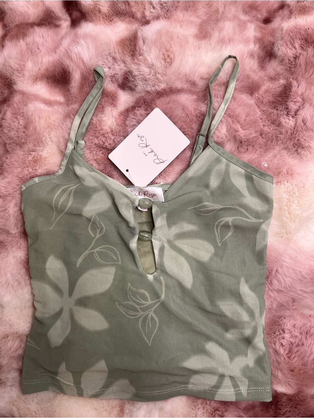 Pink Rose Sage Green Floral Camisole with Keyhole Detail